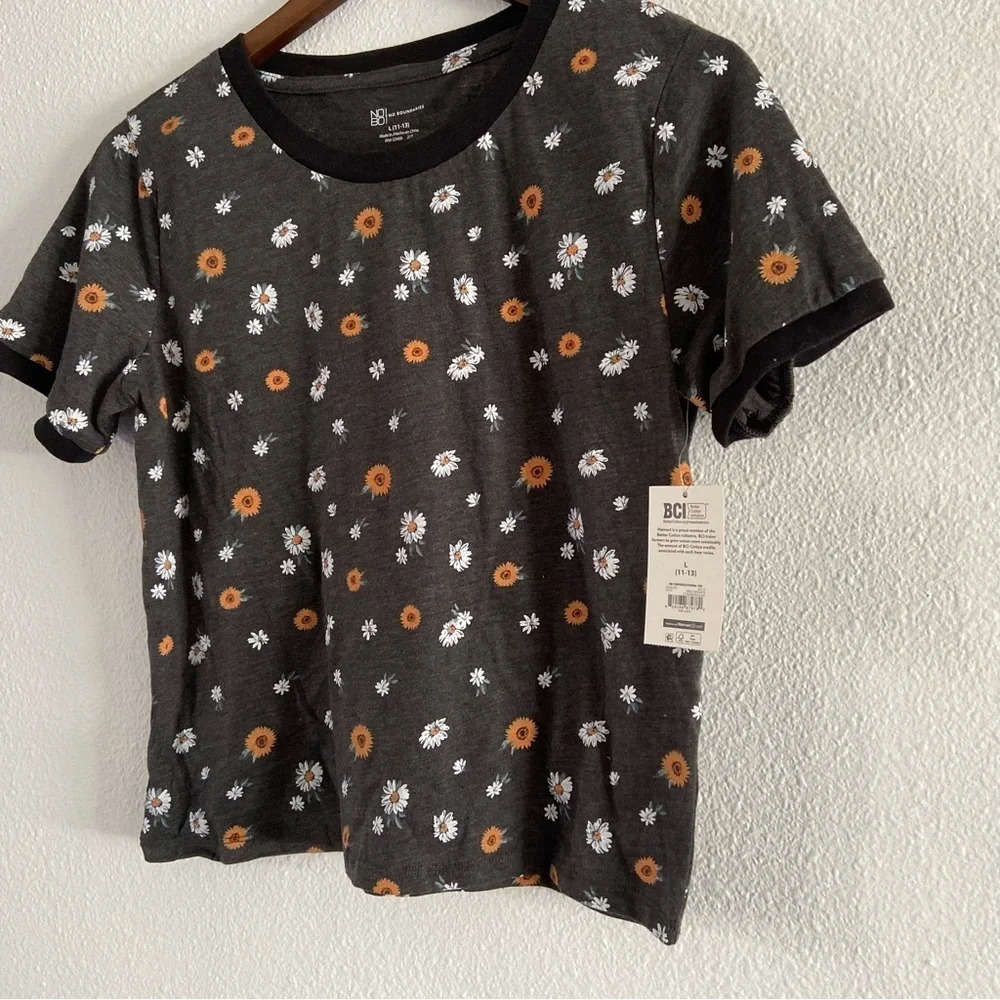 Floral Ringer Tee Charcoal Short Sleeve Girls Juniors Crop Large (11-13) NEW - Picture 7 of 16